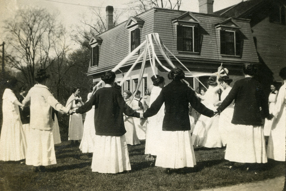 Students dance around the Maypole at the first annual May Day at Simmons in 1912, courtesy of Simmons University Archives