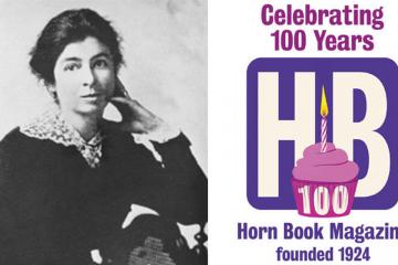 Horn Book creator Bertha Mahoney and a poster celebrating 100 years of the Horn Book magazine