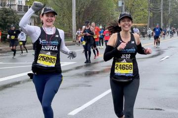 Andrea London and Jessica London-Rand '04MSA run in the 2023 Boston Marathon.