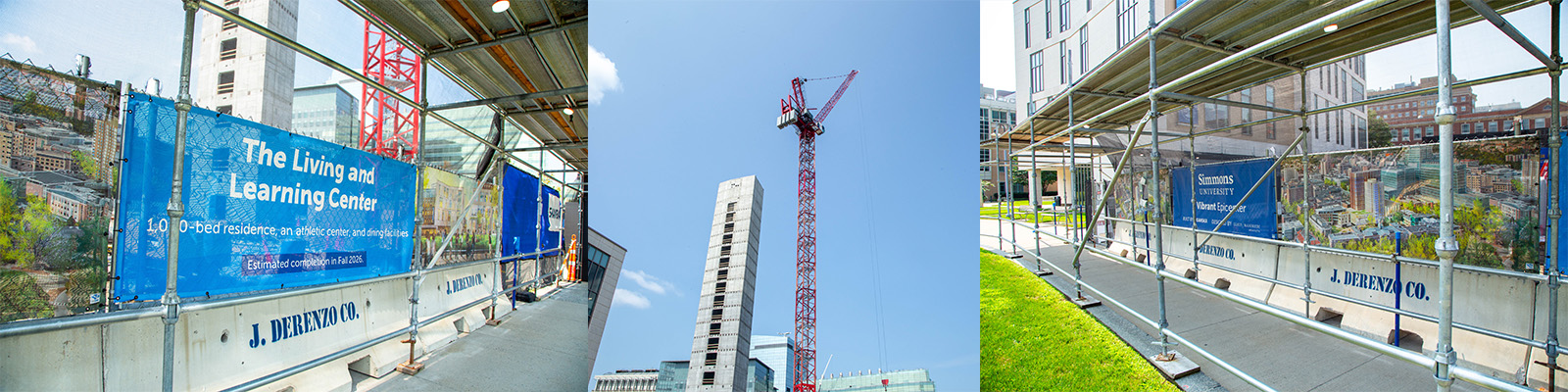 A collage of construction photos, including the covered walkways and the construction crane