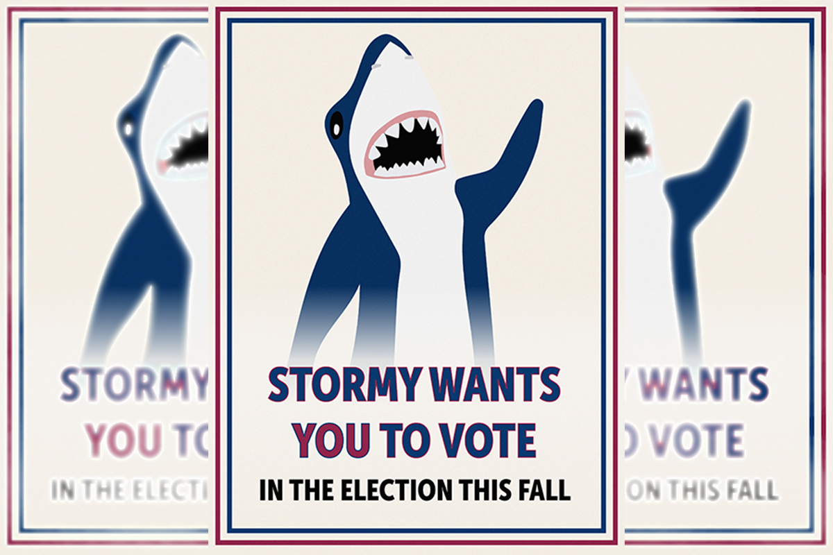 Stormy Shark waving with the message - Stormy Wants You To Vote In The Election This Fall!