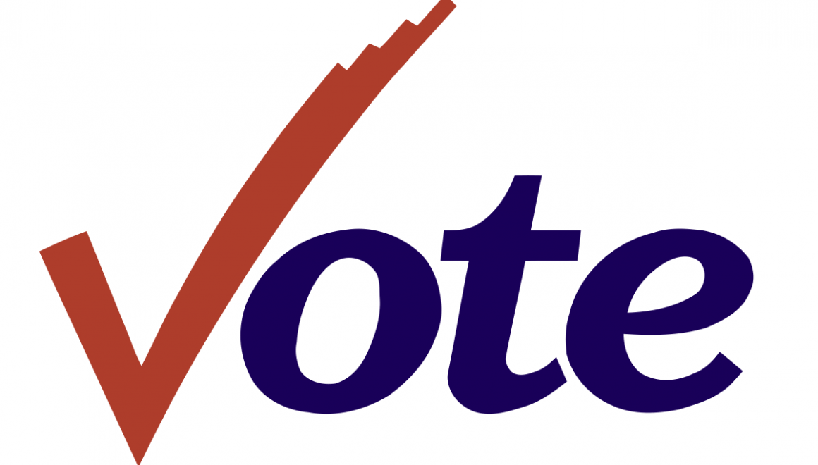 A graphic of the word vote with a checkmark used for the letter V