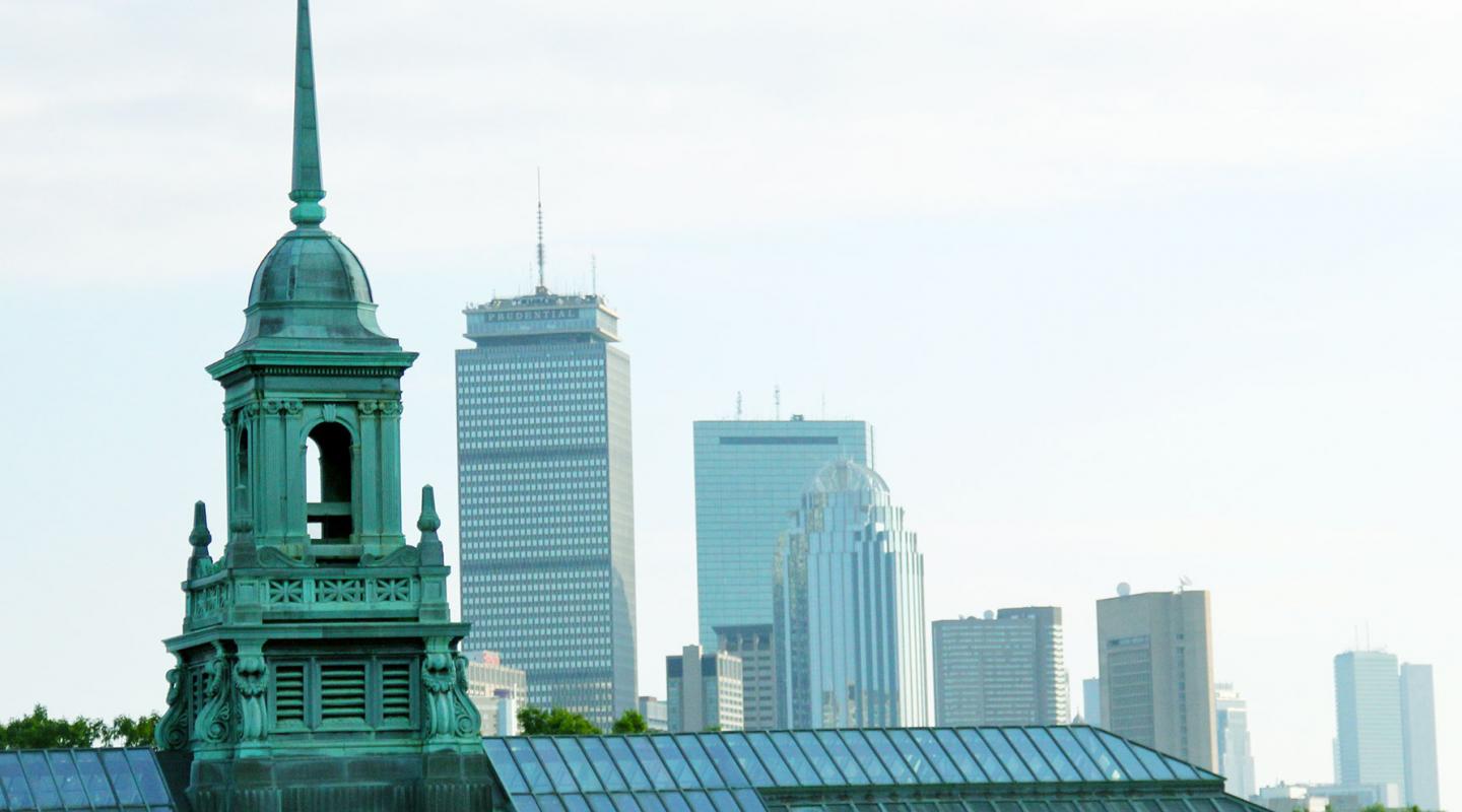 Boston skyline with Simmons Univeristy cupola in the forefront