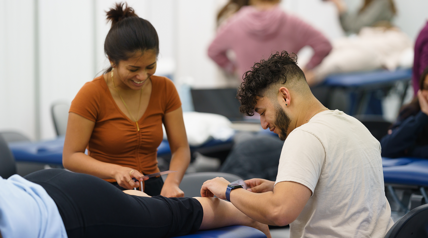 Two graduate students doing hands-on training in the Physical Therapy lab