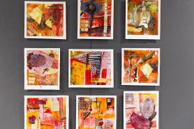 An art installation featuring many small paintings done for an artist talk with Abhilasha Natarajan