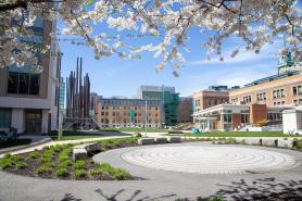 The Simmons academic campus in Spring, 2024.  The construction of the new Living Learning Center is visible.