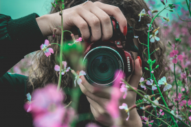 A photographer pointing a camera through some flowers