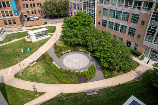 An aerial photo of the labyrinth on the Simmons University campus