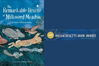 The cover of the book "The Remarkable Rescue at Milkweed Meadow" next to a logo for the Massachusetts Book Awards