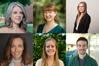 A collage of six new faculty: Kristen Brewer, Kelsea Gildawie, Marcella Hangen, Missy Olive, Elisabeth Simonin, and Steve Wechsler