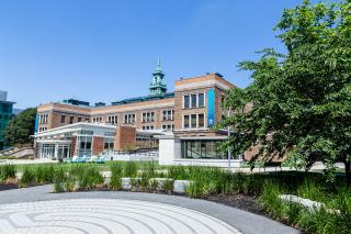 The main college building as seen from the labryinth in the academic quad.