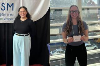 Side by side photos of Haleigh St.Hilaire ’24, ’26MPH and Caroline Aspinwall ’24 New England chapter of the American College of Sports Medicine (NEACSM) conference in October 2024