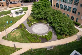 An aerial view of sidewalks on the Simmons University campus