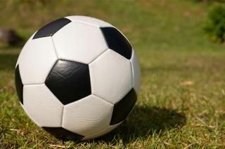 A soccer ball resting on a patch of grass