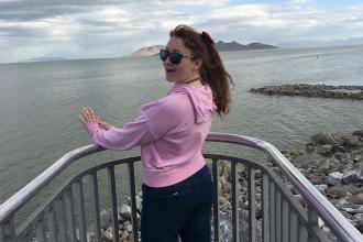 Katie Lawson in front of the Great Salt Lake.