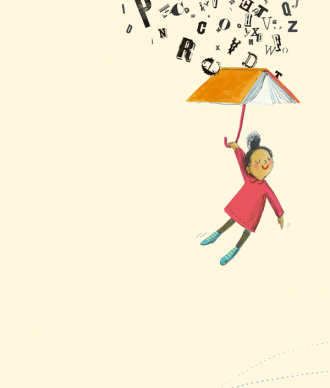 An illustration of a girl floating down with a book umbrella while letters rain down. Art Copyright © Melissa Sweet from the book "Are We There Yet"