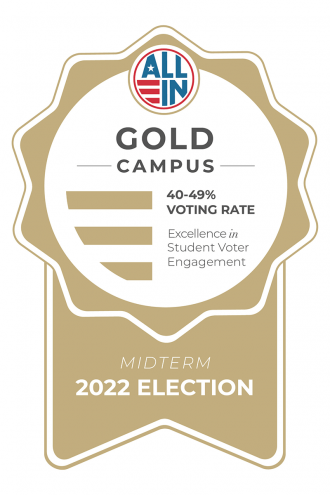 A graphic image of a gold seal from ALL-IN for the 2022 midterm election