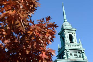 Main College Building cupola with fall leaves
