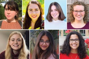 From top left: Catherine Cox '23, Brianna Desharnais '22, Julia Hart '21, Lauren Howard '22, Evangeline Kennedy '21, Irmana Monem '21, and Graciella Rios Ortega '21