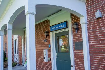 The entry door to Mesick Hall on the Simmons University residence campus.