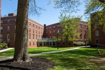 The front of Simmons Hall on the Simmons University residence campus.