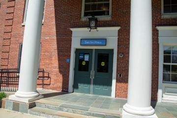 The entry door to Smith Hall on the Simmons University residence campus.