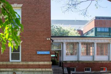 The entrance to South Hall on the Simmons University residence campus.