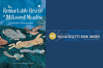 The cover of the book "The Remarkable Rescue at Milkweed Meadow" next to a logo for the Massachusetts Book Awards