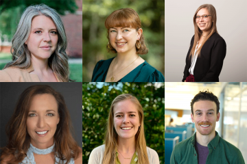 A collage of six new faculty: Kristen Brewer, Kelsea Gildawie, Marcella Hangen, Missy Olive, Elisabeth Simonin, and Steve Wechsler