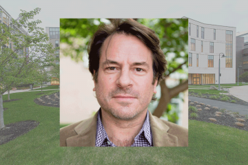 A photo of Mansfield Holmes over a transparent photo of the School of Management building at Simmons University