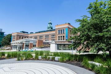 The main college building as seen from the labryinth in the academic quad.