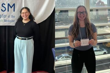 Side by side photos of Haleigh St.Hilaire ’24, ’26MPH and Caroline Aspinwall ’24 New England chapter of the American College of Sports Medicine (NEACSM) conference in October 2024