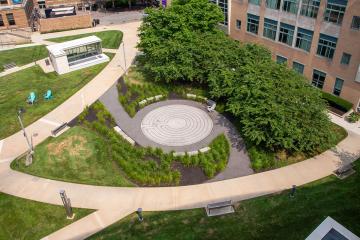 An aerial view of sidewalks on the Simmons University campus