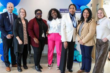 SSHP Dean Paul Geisler, Professor Valerie Leiter; Associate Professor of Practice Edima Ottoho, Tozoe Marton '18, Ifill School Dean Ammina Kothari, Professor of Practice Carmen Harrison, and SON Dean Heather Shlosser, photograph by Ashley Purvis.