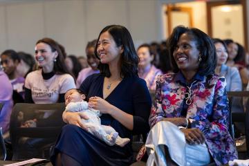 Mayor Michelle Wu and President Lynn Perry Wooten attend the International Women's Day Breakfast at Simmons University on March 7, 2025. Photograph by Mike Meija, courtesy of the City of Boston Mayor's Office.