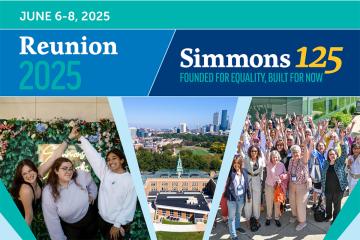 A collage of photos featuring Simmons alums, with a banner for "Reunion 2025, June 6-8, 2025"