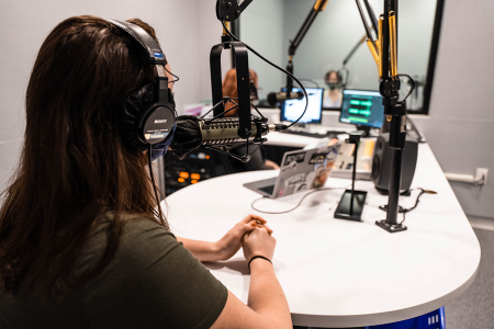 Simmons students in the radio studio