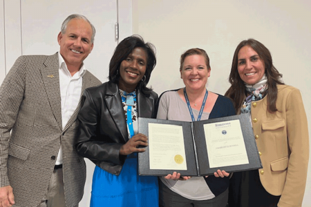 Dean Paul Geisler, President Lynn Wooten, Teaching Professor Charlotte Russell, and Provost Stephanie Cosner at the 2024 Faculty Awards