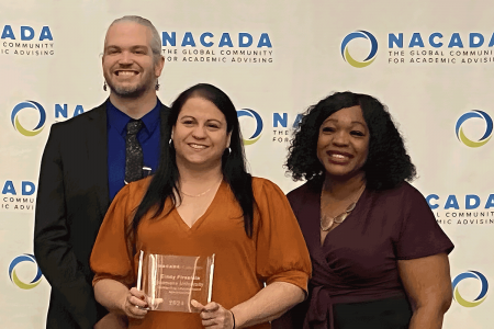 Executive Director of NACADA Kyle Ross, awardee Cindy Firestein, and President of NACADA Zoranna Jones at the 2024 conference in Pittsburgh.