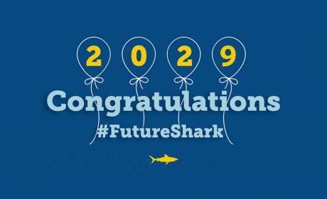 Graphic image of balloons spelling out 2029, with the words Congratulations #FutureShark underneath