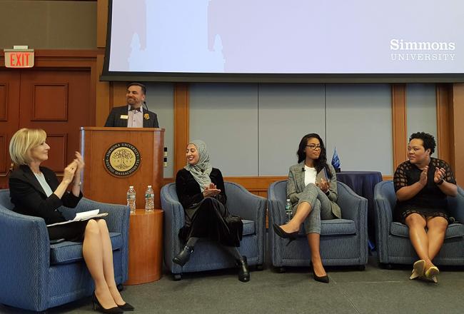 Judy Woodruff, Dean Brian Norman, Asma Khalid, Maya Valentine and Yamiche Alcindor onstage during the Ifill Forum.