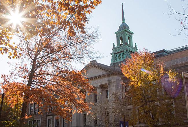 Exterior photo of the MCB building in the Fall