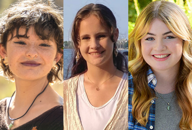 A side-by-side image of the 2023 Bonner Community Leaders: Megan Burgess ’27, Maya Kansky ’27, and Kathleen Dunn ’27