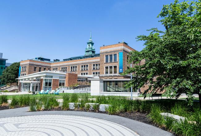 The main college building as seen from the labryinth in the academic quad.