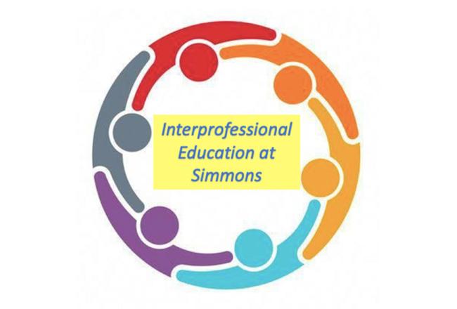 A circle representing a variety of people surrounding the words Interprofessional Education at Simmons