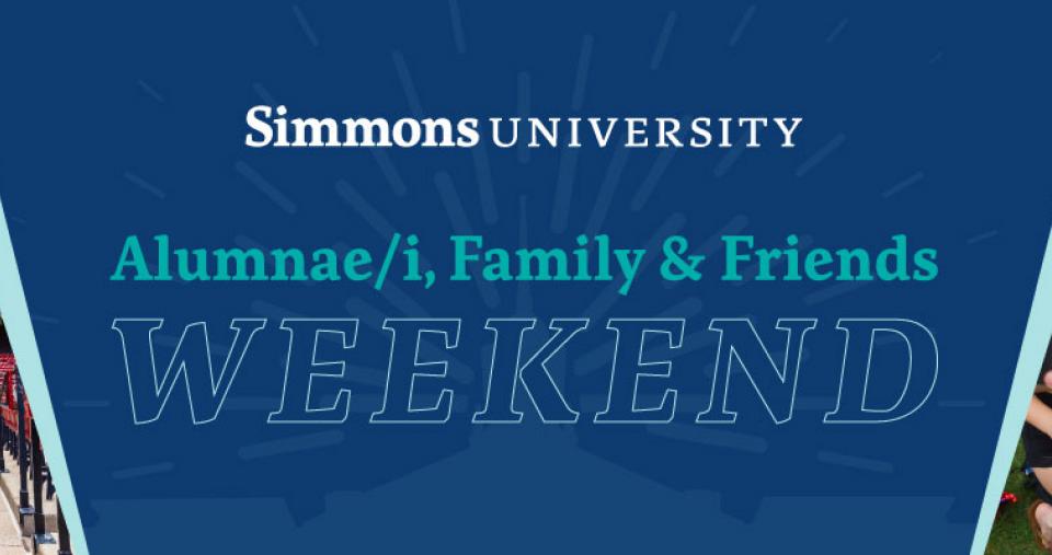 Simmons Alumnae/i, Family & Friends Weekend Banner showing Stormy at Fenway Park and Students taking a selfie