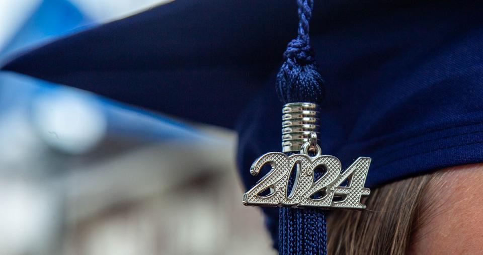 A close-up image of a 2024 tassle hanging from a graduation cap