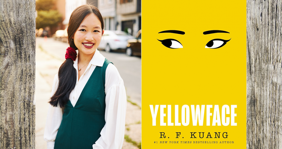 Author Rebecca F. Kuang and cover of her book, Yellowface