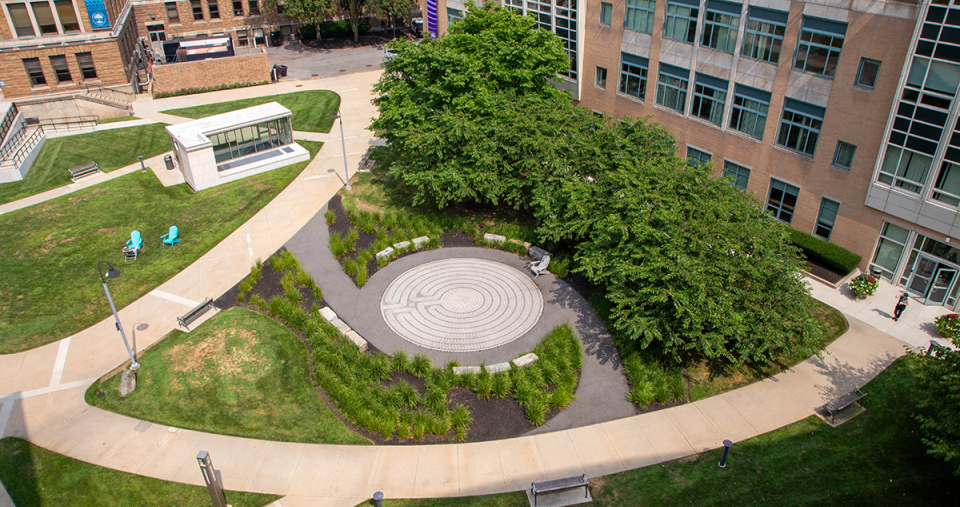 An aerial photo of the labyrinth on the Simmons University campus