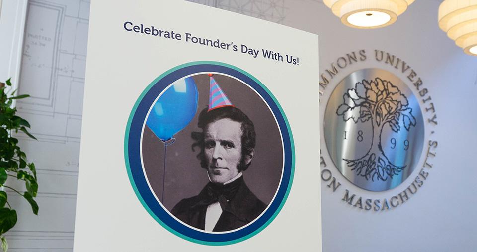 Founders Day poster with John Simmons in party hat and balloon